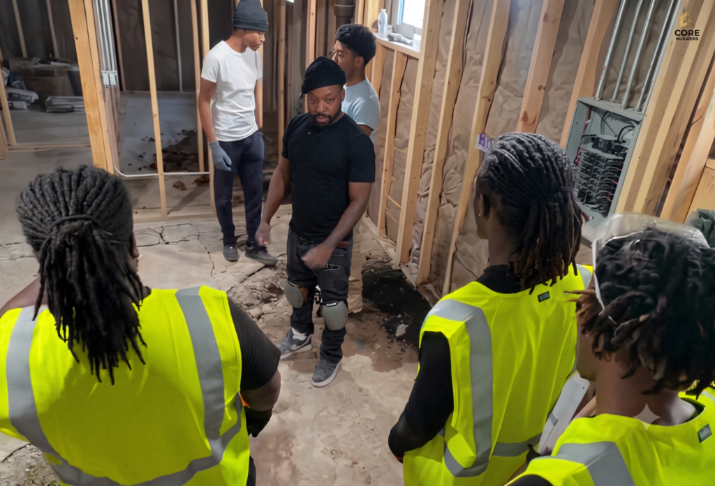 Construction site manager addressing a team of workers wearing high-visibility safety vests inside a wood-frame building under renovation.